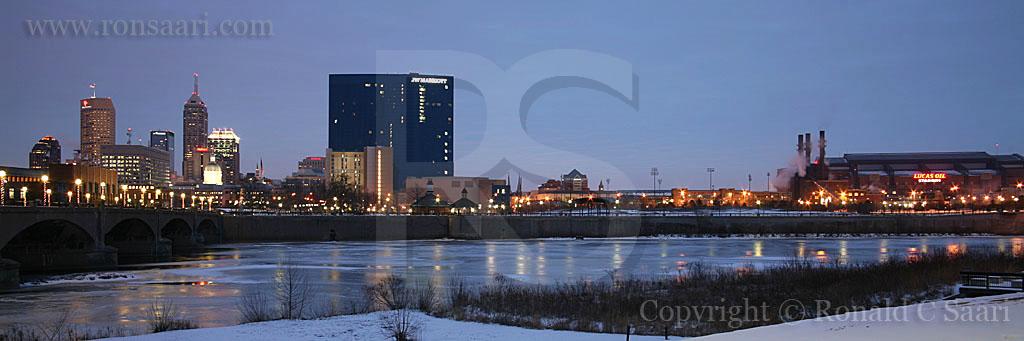 Indianapolis Skyline At White River At Dawn Panoramic