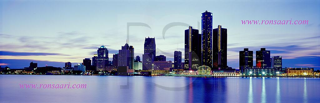 Detroit Skyline At Dusk Panoramic